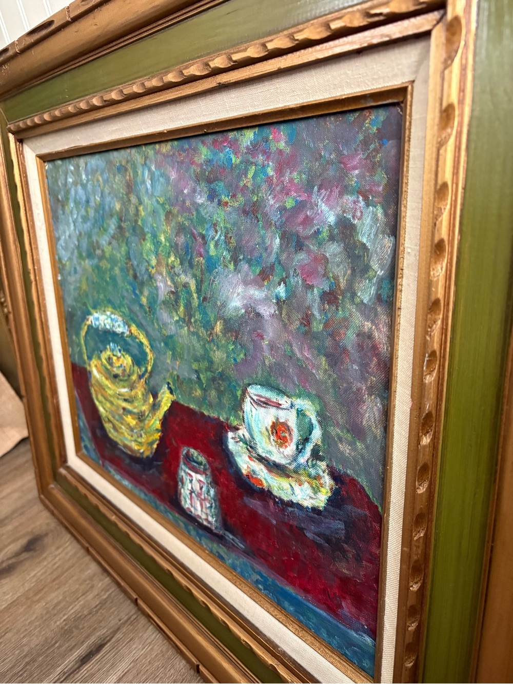 Vintage Teapot Still Life Abstract Oil Painting Framed Green & Gold Impasto VTG - Picture 12 of 14